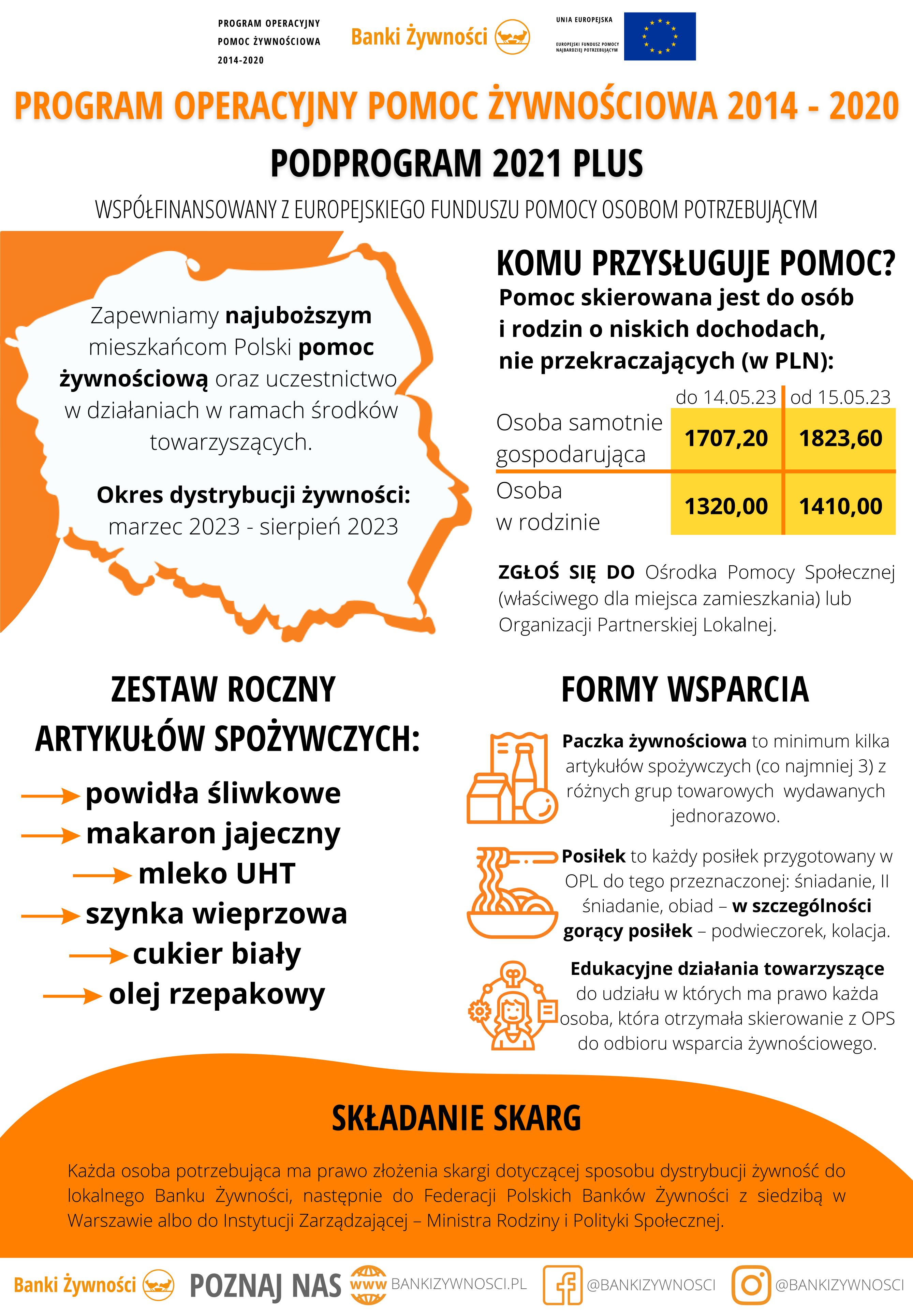 Plakat - PROGRAM OPERACYJNY POMOC ŻYWNOŚCIOWA 2014-2020 - WSPÓŁFINANSOWANY Z EUROPEJSKIEGO FUNDUSZU POMOCY NAJBARDZIEJ POTRZEBUJĄCYM PODROGRAM 2021 Plus